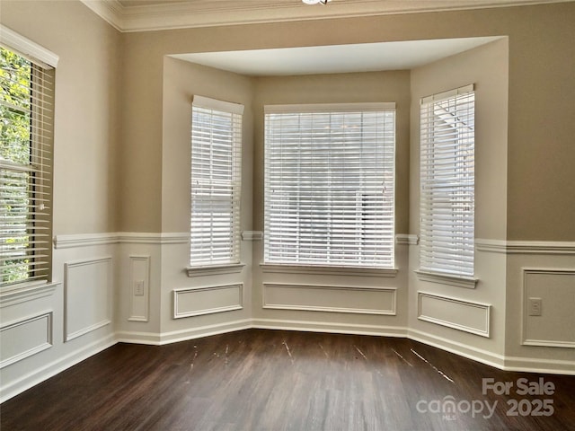 4504 Bellmore Ct, Charlotte, NC 28269 - unfurnished room with dark wood-style flooring, a wainscoted wall, healthy amount of natural light, and a decorative wall