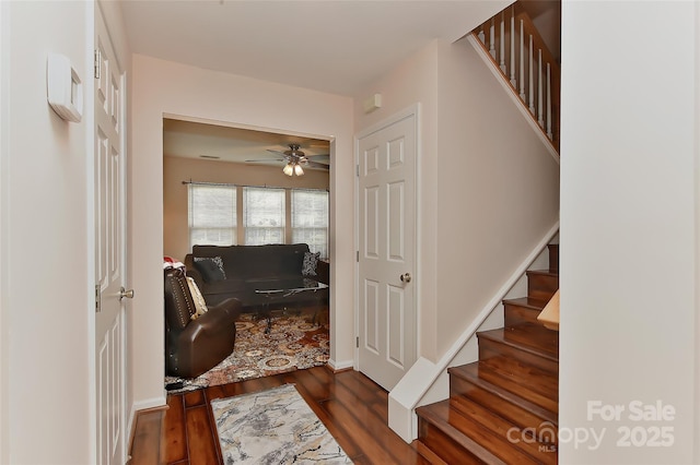 7007 Broad Leaf Ct, Indian Trail, NC 28079 - foyer featuring stairs, wood finished floors, and a ceiling fan