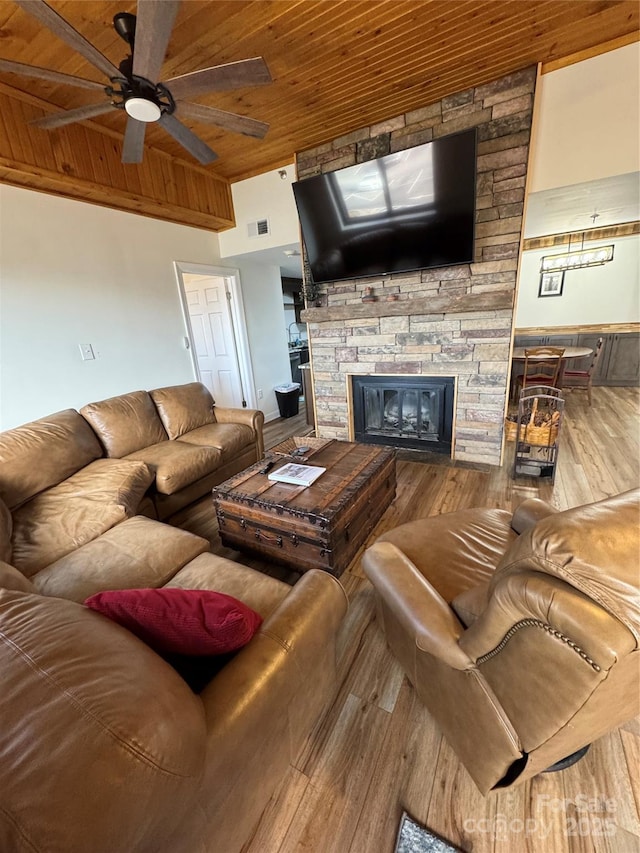 303 Sugar Top Dr Unit 2115, Sugar Mountain, NC 28604 - living area featuring wood ceiling, a fireplace, hardwood / wood-style floors, and ceiling fan