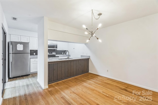 kitchen featuring appliances with stainless steel finishes, a chandelier, white cabinetry, a sink, and backsplash