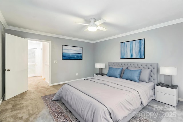 bedroom featuring ornamental molding, light carpet, baseboards, and ceiling fan