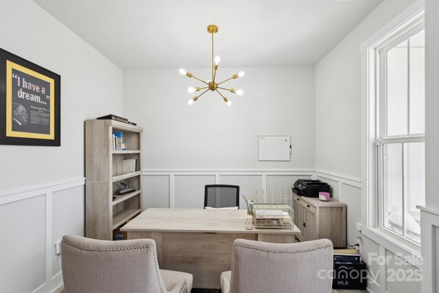 4530 Tournette Dr Unit 18, Indian Land, SC 29707 - office featuring a decorative wall, a chandelier, wainscoting, and healthy amount of natural light