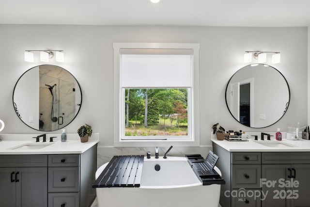 4530 Tournette Dr Unit 18, Indian Land, SC 29707 - full bath featuring two vanities, a shower stall, and a freestanding bath
