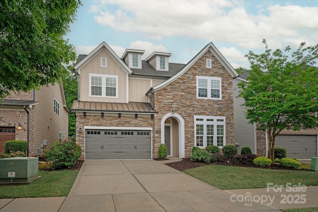7913 Waverly Walk Ave, Charlotte, NC 28277 - view of front facade with stone siding, driveway, a garage, and board and batten siding