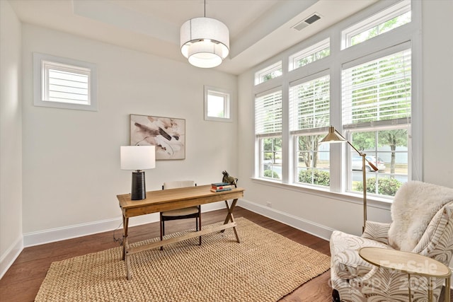 7913 Waverly Walk Ave, Charlotte, NC 28277 - office with baseboards, wood finished floors, and a raised ceiling