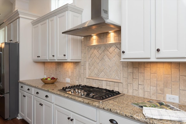 7913 Waverly Walk Ave, Charlotte, NC 28277 - kitchen featuring wall chimney range hood, appliances with stainless steel finishes, backsplash, and white cabinetry