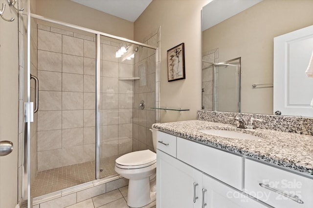 7913 Waverly Walk Ave, Charlotte, NC 28277 - bathroom with a stall shower, toilet, tile patterned floors, and vanity
