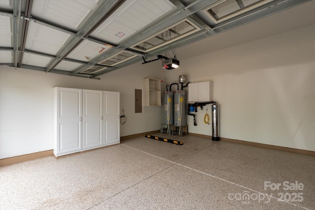 7913 Waverly Walk Ave, Charlotte, NC 28277 - garage with a garage door opener, water heater, electric panel, baseboards, and gas water heater