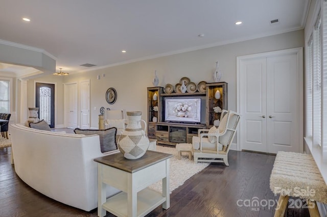 14503 Crest Ct, Charlotte, NC 28278 - living room featuring dark wood finished floors, ornamental molding, and recessed lighting