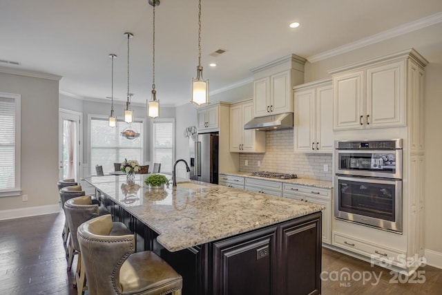 14503 Crest Ct, Charlotte, NC 28278 - kitchen with stainless steel appliances, under cabinet range hood, dark wood finished floors, decorative backsplash, and recessed lighting