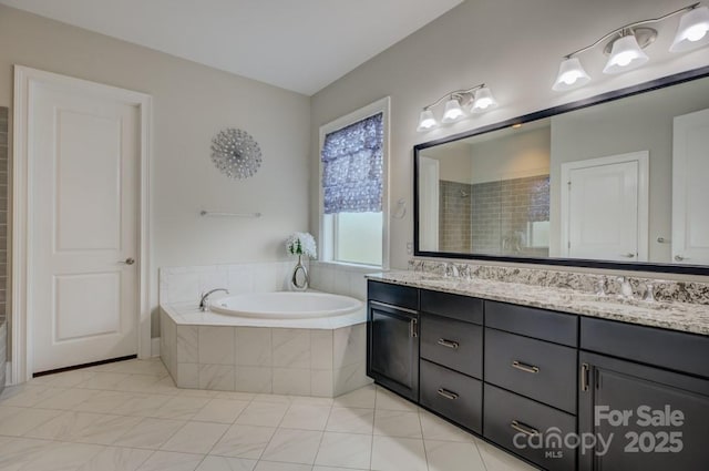 14503 Crest Ct, Charlotte, NC 28278 - bathroom featuring double vanity, a bath, and tiled shower