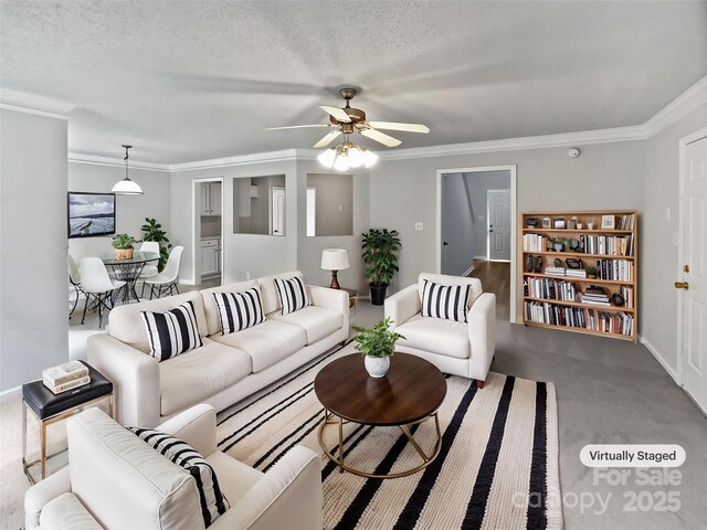 752 Raindrops Rd, Gastonia, NC 28054 - carpeted living area featuring crown molding, ceiling fan, baseboards, and a textured ceiling