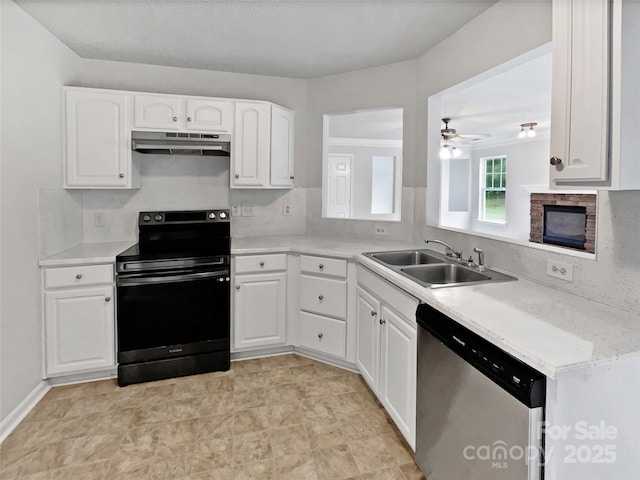 752 Raindrops Rd, Gastonia, NC 28054 - kitchen featuring black range with electric cooktop, dishwasher, under cabinet range hood, a sink, and ceiling fan