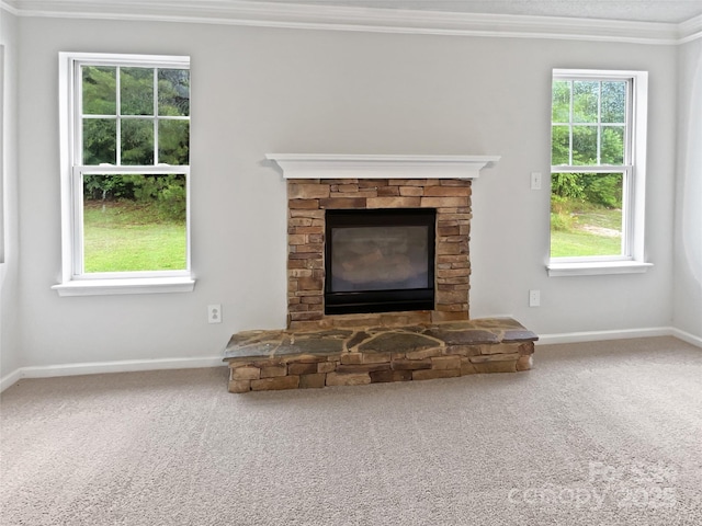 752 Raindrops Rd, Gastonia, NC 28054 - detailed view of crown molding, carpet flooring, baseboards, and a fireplace