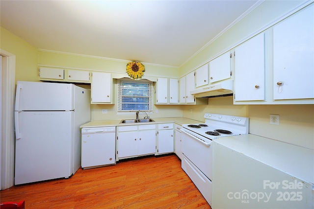 3016 Boston Ave, Charlotte, NC 28212 - kitchen featuring white appliances, a sink, under cabinet range hood, crown molding, and light countertops