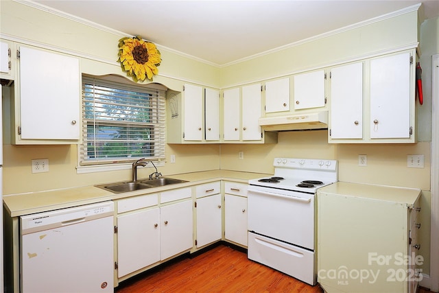 3016 Boston Ave, Charlotte, NC 28212 - kitchen with white appliances, under cabinet range hood, a sink, ornamental molding, and light wood-type flooring