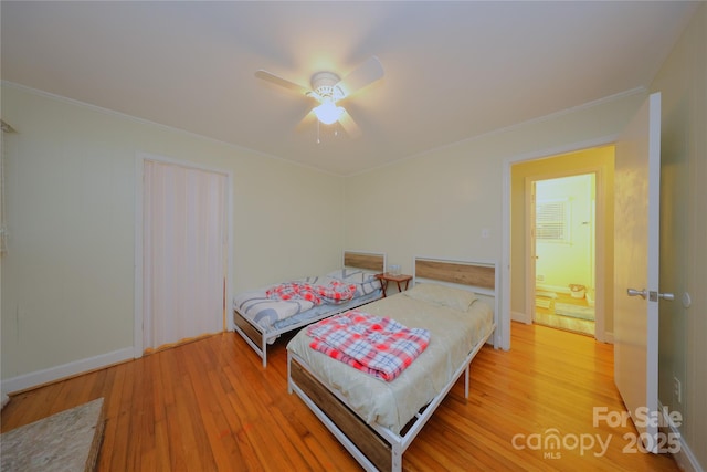 3016 Boston Ave, Charlotte, NC 28212 - bedroom featuring ornamental molding, light wood-style floors, baseboards, and ceiling fan