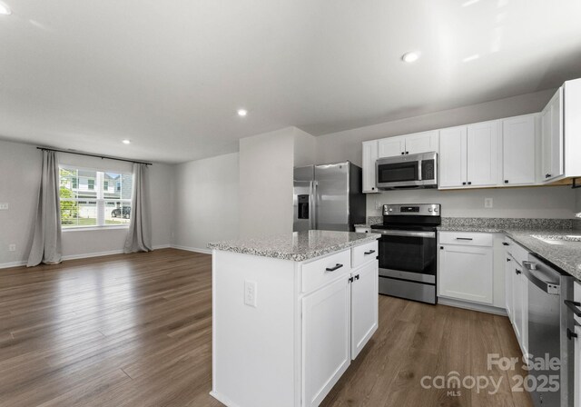110 Browband St, Troutman, NC 28166 - kitchen with stainless steel appliances, a center island, wood finished floors, light stone counters, and recessed lighting