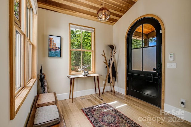 7 Bee Balm Way, Asheville, NC 28804 - entryway with wooden ceiling, wood finished floors, baseboards, arched walkways, and vaulted ceiling