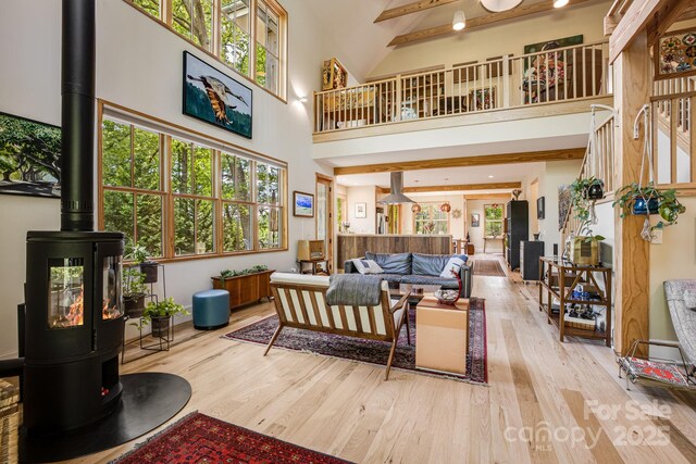 7 Bee Balm Way, Asheville, NC 28804 - living room featuring a wood stove, wood finished floors, high vaulted ceiling, and plenty of natural light