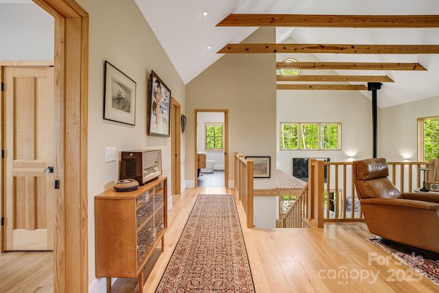 7 Bee Balm Way, Asheville, NC 28804 - corridor featuring an upstairs landing, beam ceiling, light wood-type flooring, high vaulted ceiling, and recessed lighting