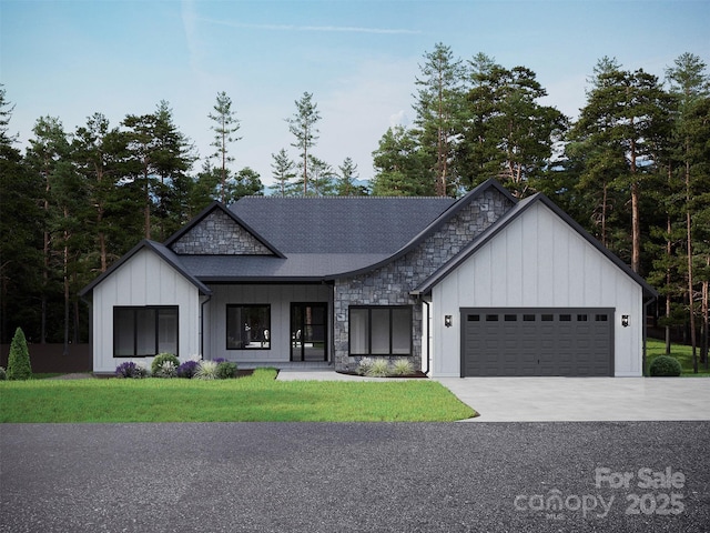 modern farmhouse with board and batten siding, stone siding, an attached garage, and a front lawn