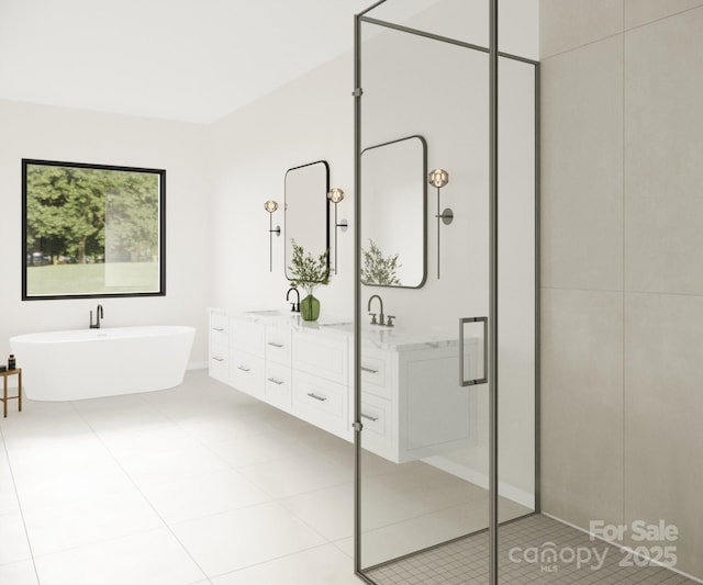 full bathroom featuring double vanity, a soaking tub, tile patterned flooring, and a shower