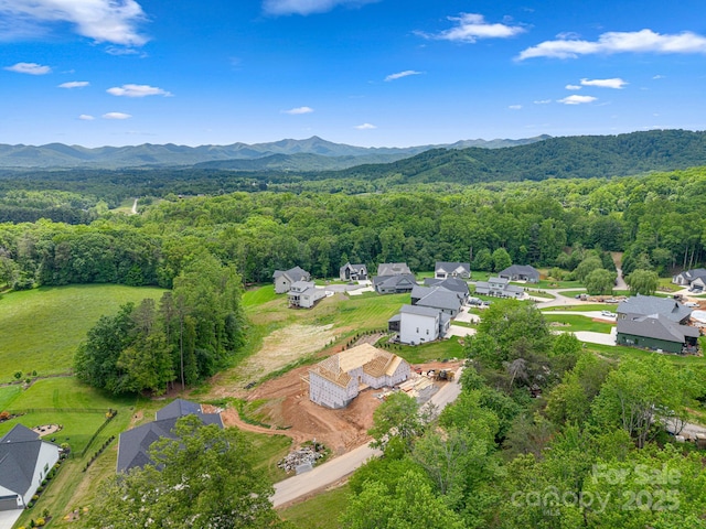 aerial view of residential area with a heavily wooded area and a mountainous background