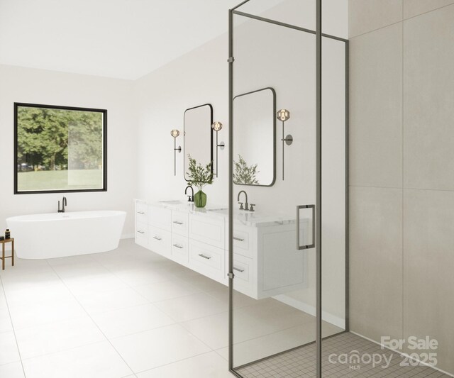 51 Bridgeway Dr Unit 12, Candler, NC 28715 - bathroom featuring double vanity, a shower stall, a soaking tub, and tile patterned floors