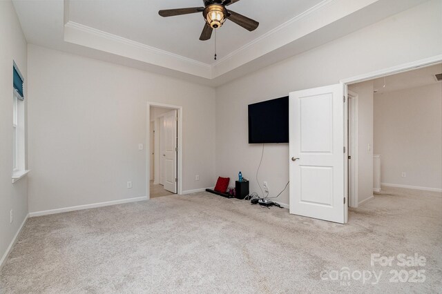 829 River Park Rd, Belmont, NC 28012 - unfurnished bedroom featuring ornamental molding, carpet floors, attic access, baseboards, and a tray ceiling