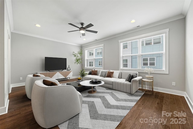 1162 E 36th St, Charlotte, NC 28205 - living area featuring baseboards, a ceiling fan, hardwood / wood-style flooring, crown molding, and recessed lighting