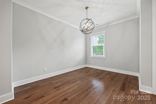 1162 E 36th St, Charlotte, NC 28205 - unfurnished room with crown molding, a chandelier, dark wood-style flooring, and baseboards