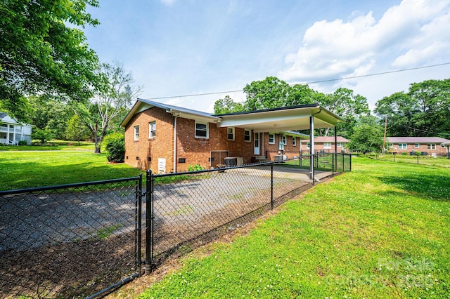 1094/1092 Curve View Rd, Lincolnton, NC 28092 - rear view of house with brick siding, an attached carport, central AC, and a gate