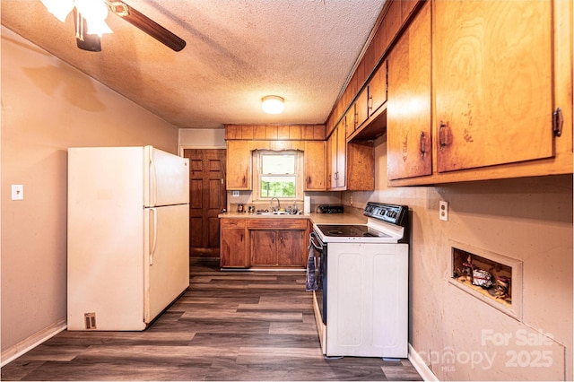 1094/1092 Curve View Rd, Lincolnton, NC 28092 - kitchen with white appliances, a sink, a textured ceiling, brown cabinetry, and dark wood-style floors