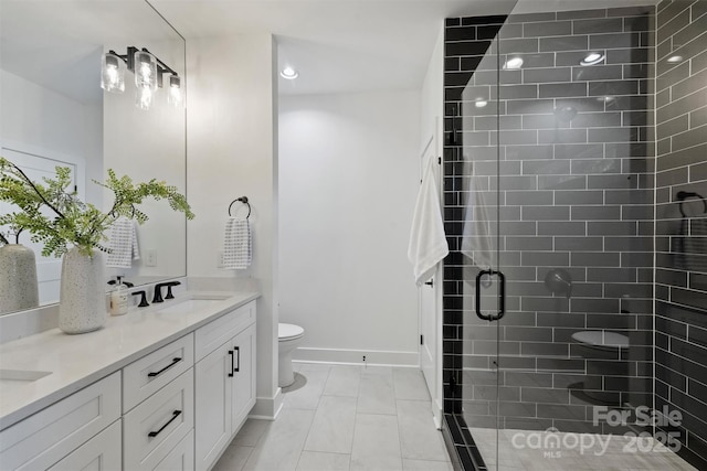 3163 Maury St, Charlotte, NC 28208 - bathroom with toilet, a stall shower, double vanity, recessed lighting, and baseboards