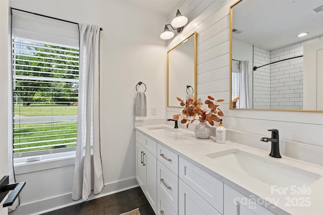 3163 Maury St, Charlotte, NC 28208 - bathroom featuring a shower with shower curtain and double vanity