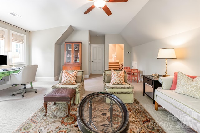 20 E Owl Creek Ln, Fairview, NC 28730 - living area featuring light carpet, ceiling fan, baseboards, and lofted ceiling