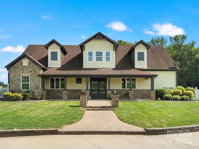 2521 Neely Store Rd, Rock Hill, SC 29730 - craftsman-style house featuring french doors, stone siding, a front yard, and a porch