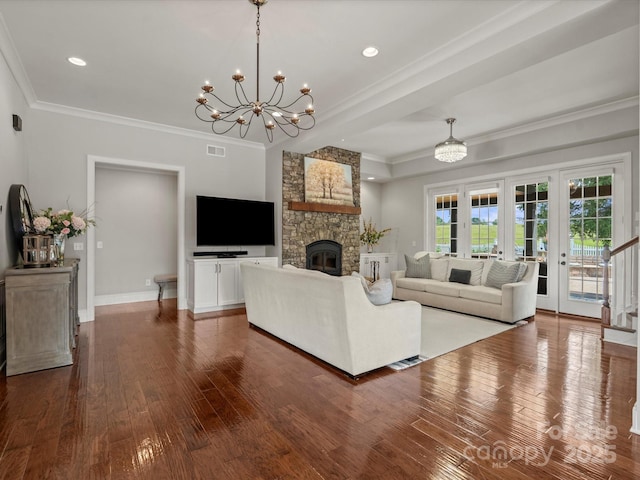 2521 Neely Store Rd, Rock Hill, SC 29730 - living area featuring a chandelier, dark wood-style floors, ornamental molding, french doors, and a stone fireplace
