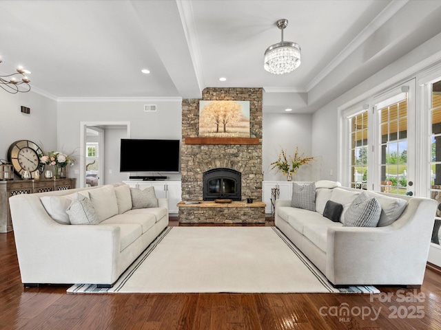 2521 Neely Store Rd, Rock Hill, SC 29730 - living area with a chandelier, crown molding, dark wood finished floors, recessed lighting, and a stone fireplace