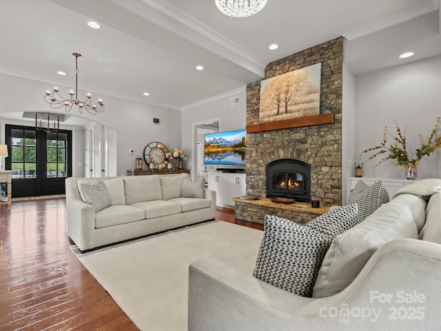 2521 Neely Store Rd, Rock Hill, SC 29730 - living area featuring a chandelier, ornamental molding, wood finished floors, recessed lighting, and a fireplace