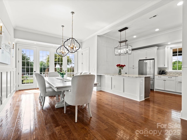 2521 Neely Store Rd, Rock Hill, SC 29730 - dining area featuring a chandelier, ornamental molding, recessed lighting, and dark wood-style floors