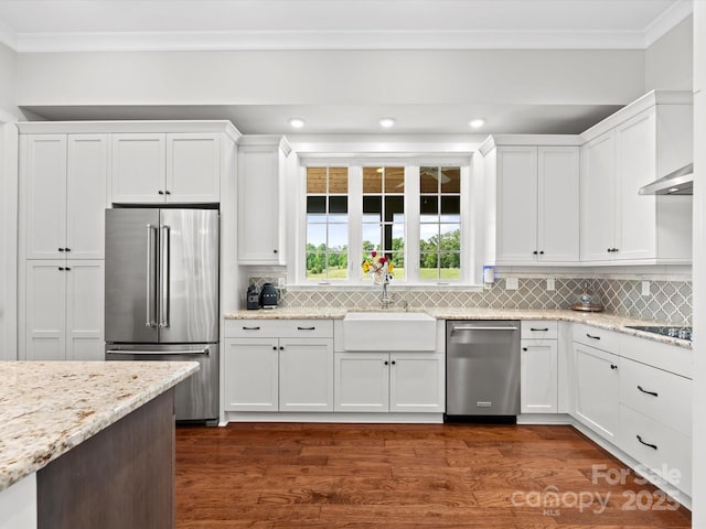 2521 Neely Store Rd, Rock Hill, SC 29730 - kitchen with stainless steel appliances, a sink, ornamental molding, white cabinets, and recessed lighting