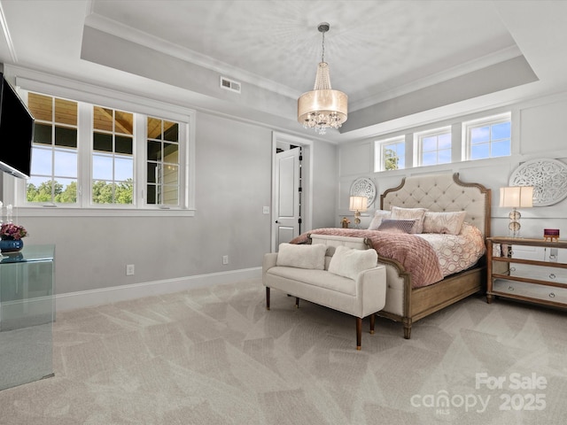 2521 Neely Store Rd, Rock Hill, SC 29730 - carpeted bedroom with a raised ceiling, ornamental molding, a chandelier, and baseboards