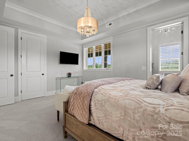 2521 Neely Store Rd, Rock Hill, SC 29730 - bedroom featuring carpet flooring, multiple windows, crown molding, and a chandelier