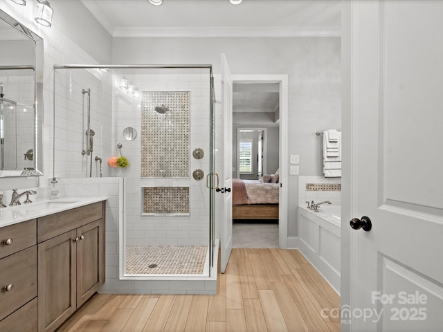 2521 Neely Store Rd, Rock Hill, SC 29730 - full bath with ornamental molding, ensuite bath, wood finished floors, a stall shower, and vanity