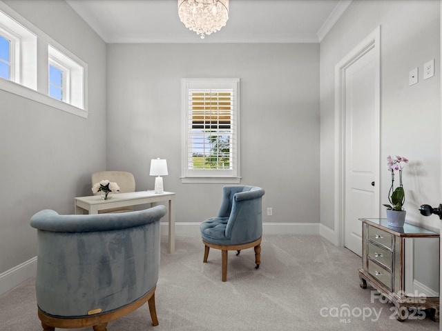 2521 Neely Store Rd, Rock Hill, SC 29730 - sitting room with healthy amount of natural light, ornamental molding, a chandelier, baseboards, and light colored carpet