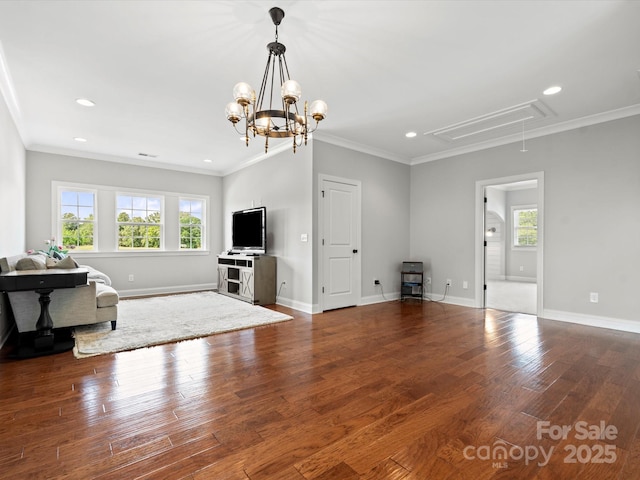 2521 Neely Store Rd, Rock Hill, SC 29730 - unfurnished living room featuring attic access, healthy amount of natural light, wood finished floors, crown molding, and baseboards