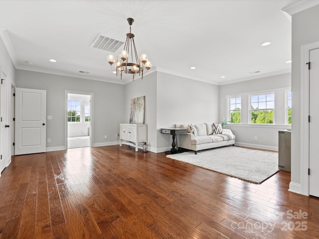 2521 Neely Store Rd, Rock Hill, SC 29730 - living room featuring a chandelier, hardwood / wood-style floors, baseboards, recessed lighting, and ornamental molding