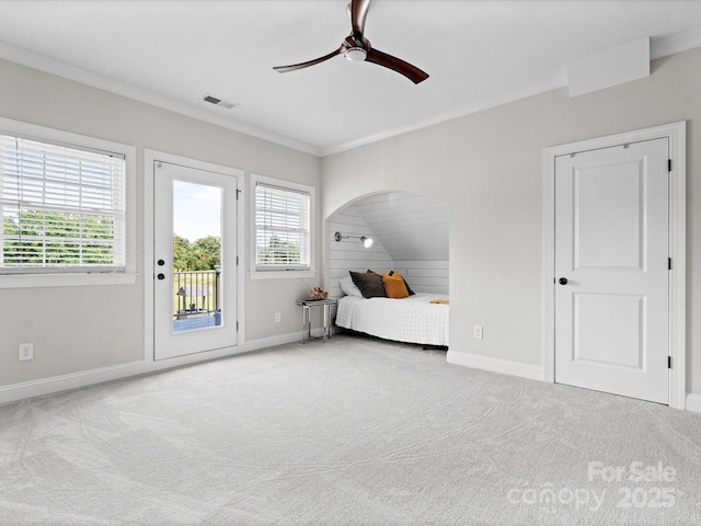 2521 Neely Store Rd, Rock Hill, SC 29730 - carpeted bedroom featuring access to exterior, baseboards, crown molding, and a ceiling fan